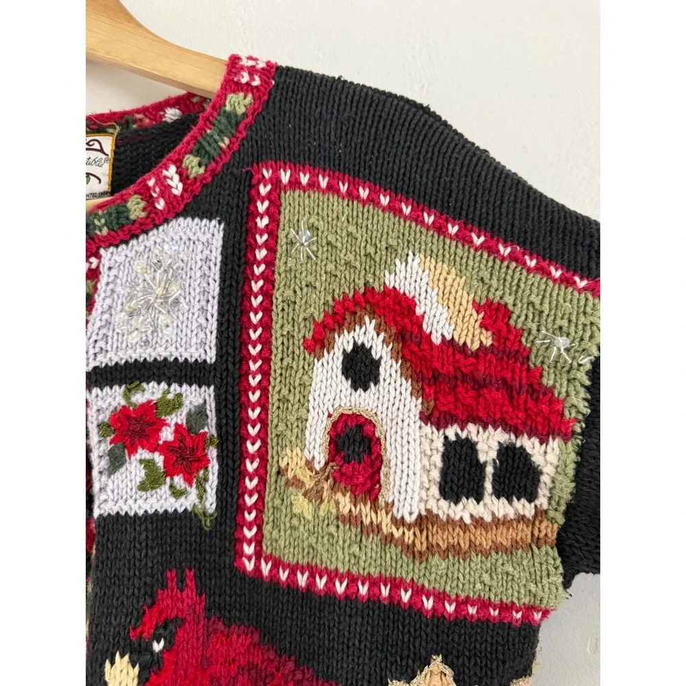 Heirloom Collectibles Vintage Christmas Cardigan Black Cardinal‎ Birdhouse Med M